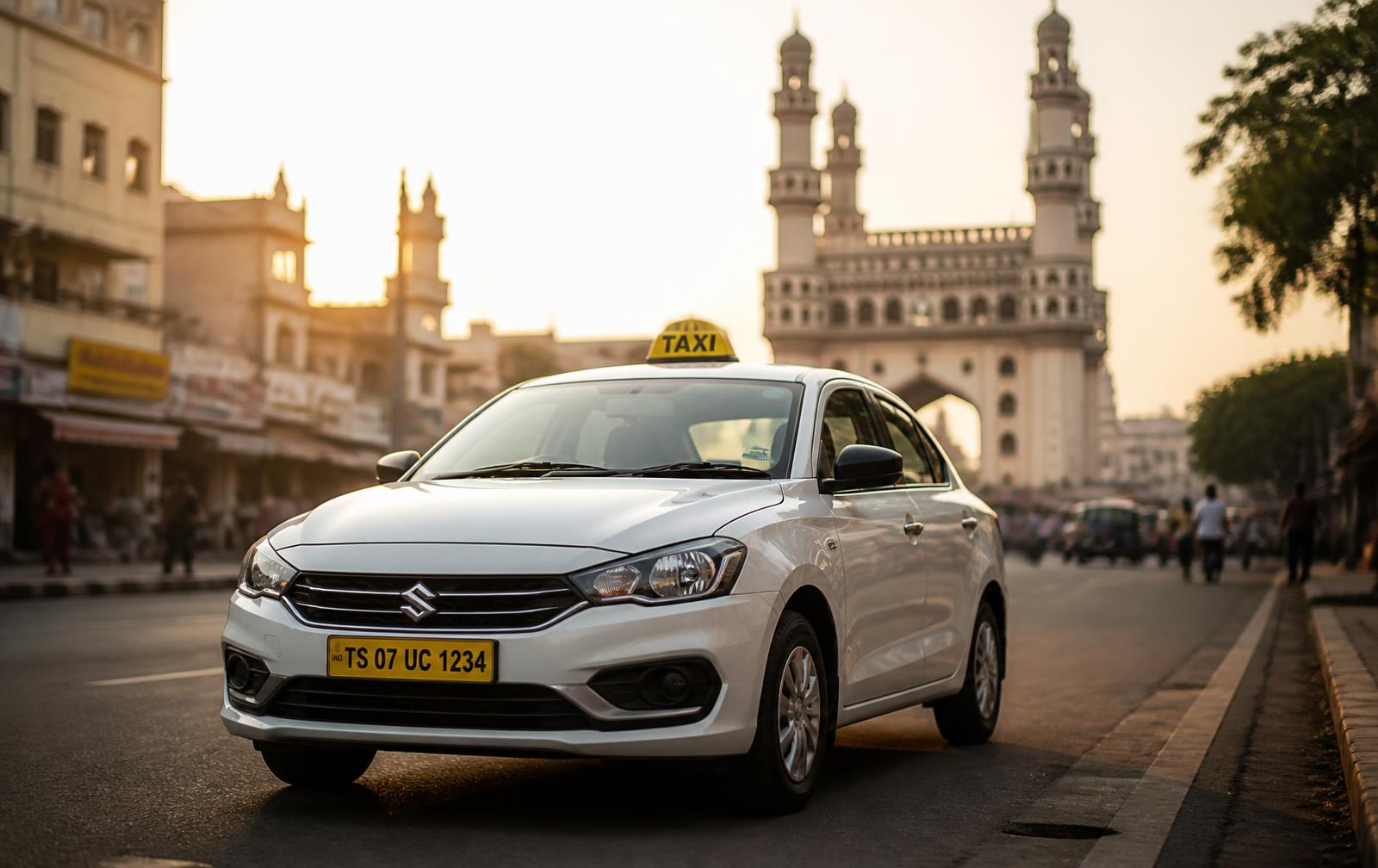 White sedan taxi on a Hyderabad street with Charminar in the background